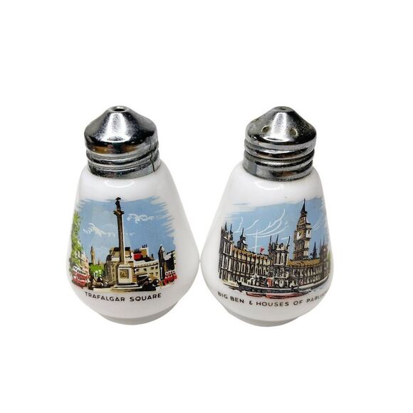 Vintage London Souvenir Milk Glass Salt Pepper Shakers Big Ben Trafalgar Square - Picture 1 of 6